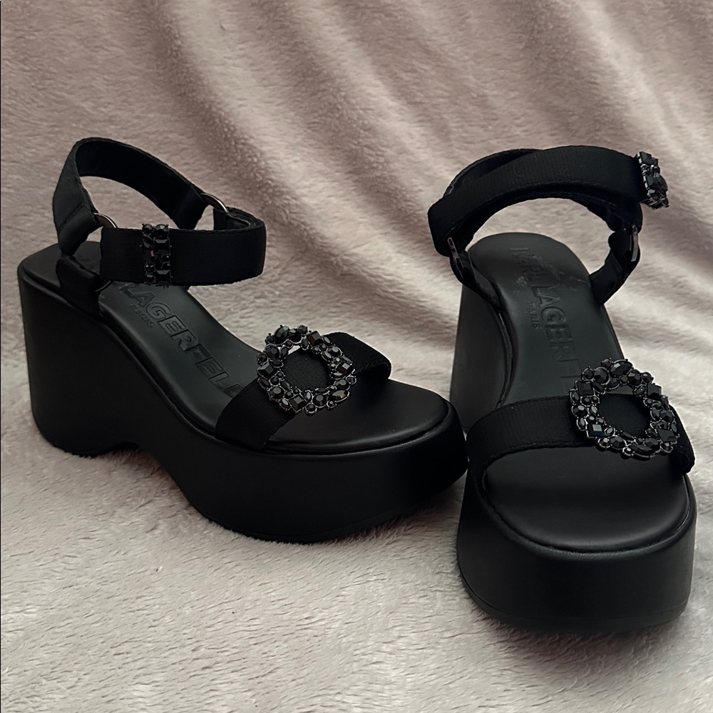 NWT Karl Lagerfeld Kiana Platform Wedge Sandal - Black - Women's Size 7.5
